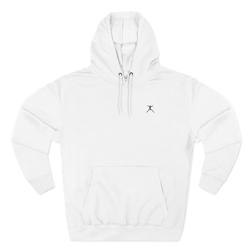 White hoodie with a small logo on a white background