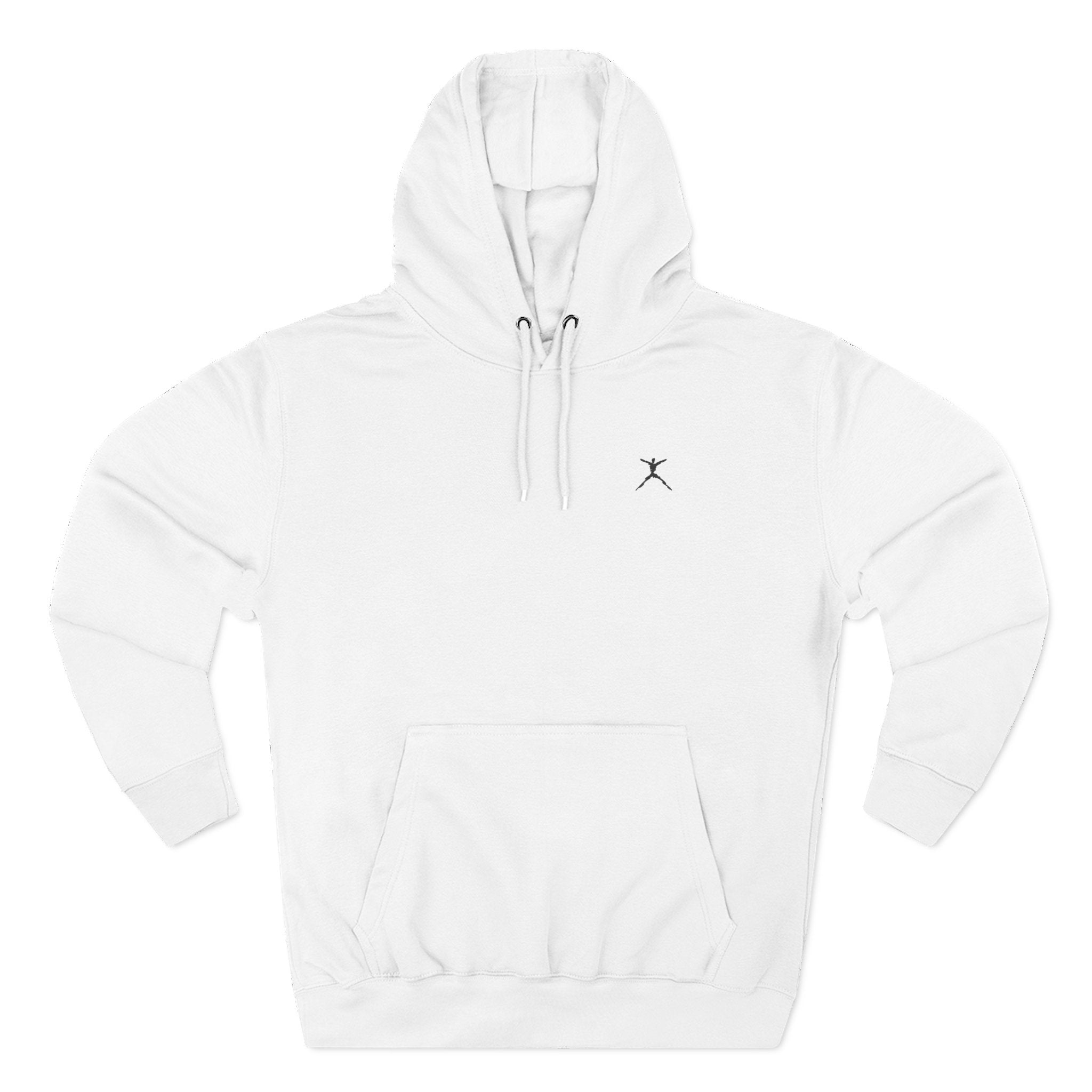 White hoodie with a small logo on a white background