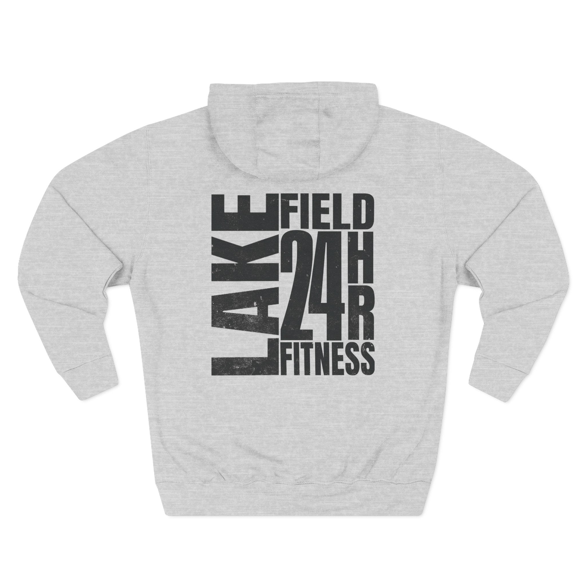 Gray hoodie with 'Lakefield 24hr Fitness' text on a white background