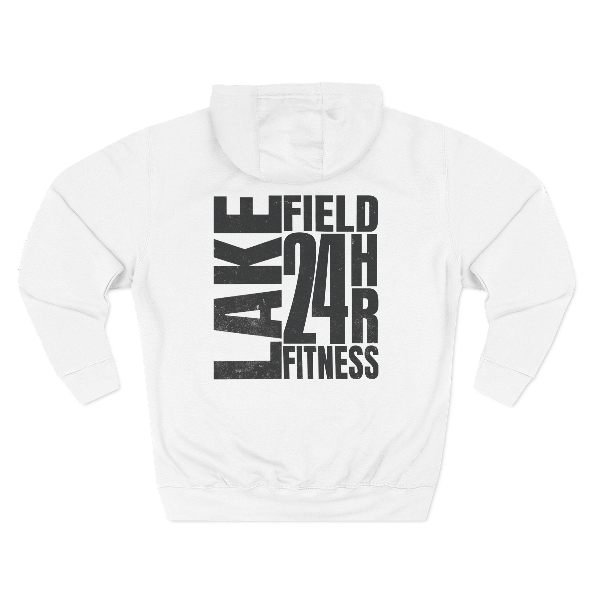 White hoodie with black text 'LAKE FIELD 24H 24R FITNESS' on a white background