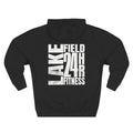 Black hoodie with 'Lake Field 24hr Fitness' text on a white background
