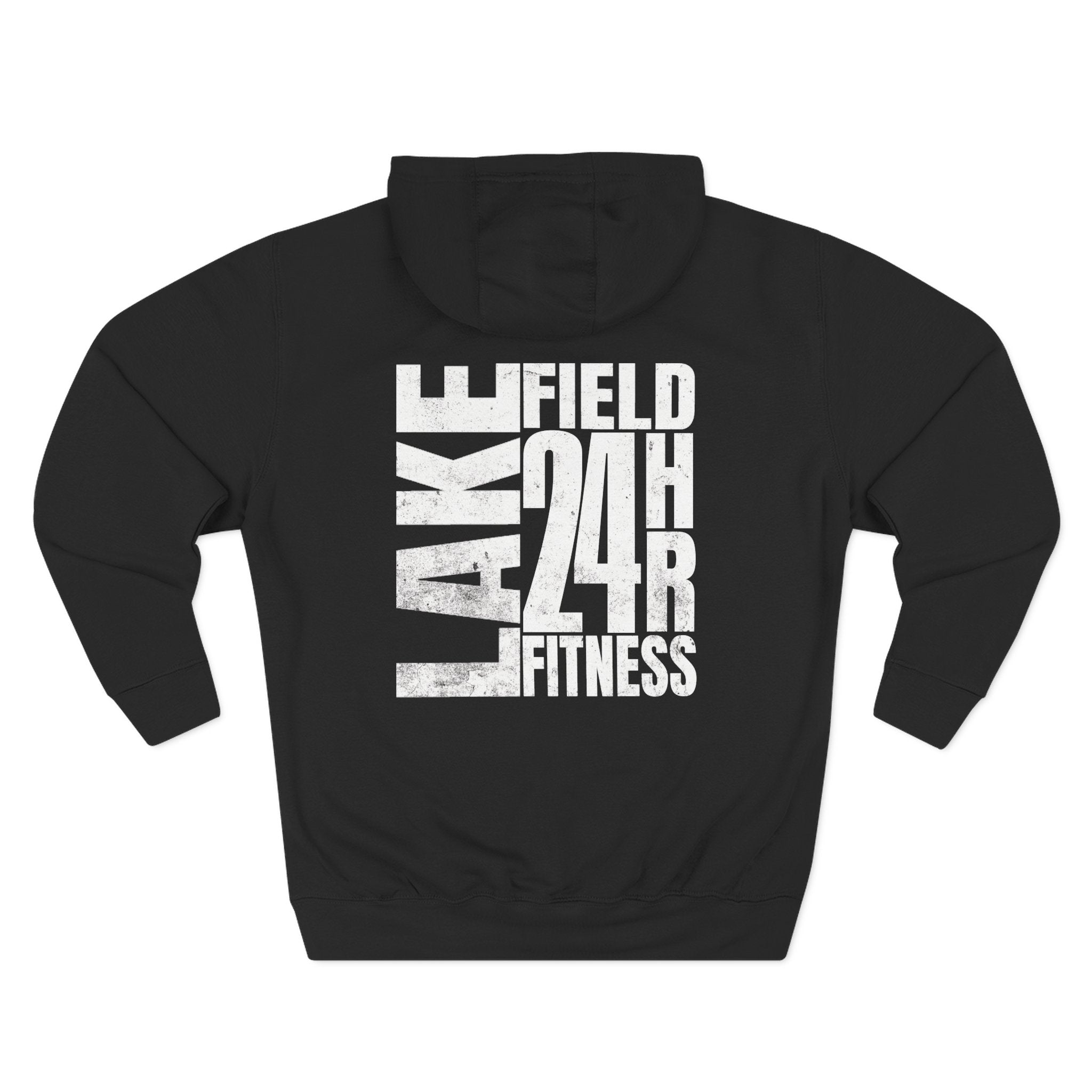 Black hoodie with 'Lake Field 24hr Fitness' text on a white background