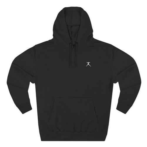 Black hoodie with a small white logo on a white background